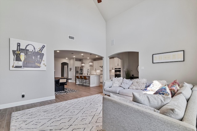 7100 Dandelion Dr, Little Elm, TX 76227 - living area with arched walkways, wood finished floors, high vaulted ceiling, and baseboards