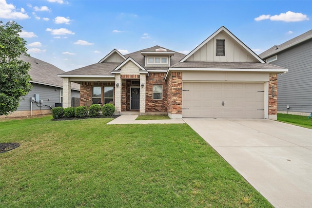craftsman-style home featuring a garage, a front yard, brick siding, board and batten siding, and driveway