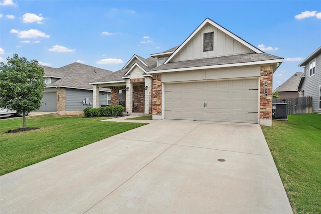 view of front of property featuring a front lawn, brick siding, central AC unit, board and batten siding, and driveway