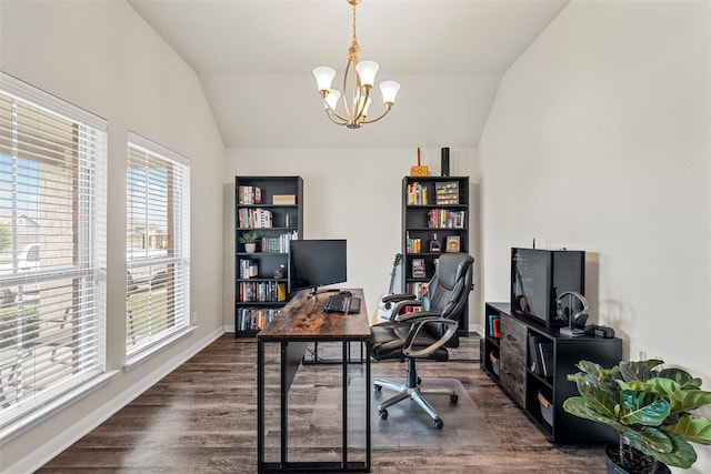 office area with baseboards, a chandelier, vaulted ceiling, and dark wood-style floors