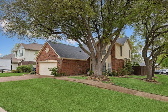traditional home with a front lawn, a garage, a shingled roof, brick siding, and concrete driveway