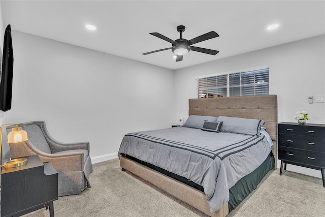 carpeted bedroom with recessed lighting, a ceiling fan, and baseboards