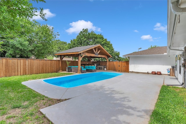 view of swimming pool featuring a patio, an outdoor living space, a gazebo, and a fenced backyard
