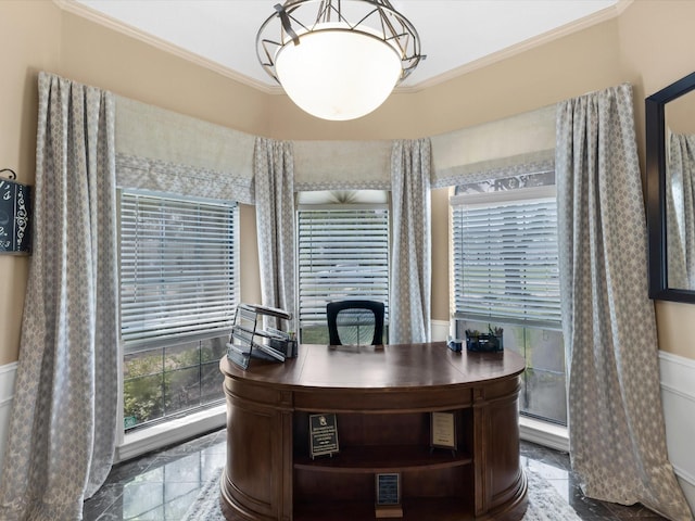 office area with ornamental molding and marble finish floor