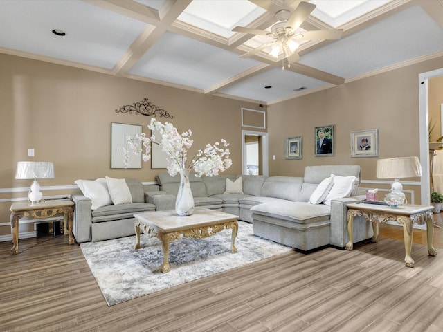 living room with ceiling fan, coffered ceiling, and wood finished floors