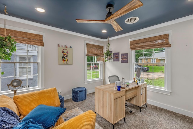 carpeted home office with a ceiling fan, baseboards, ornamental molding, and recessed lighting