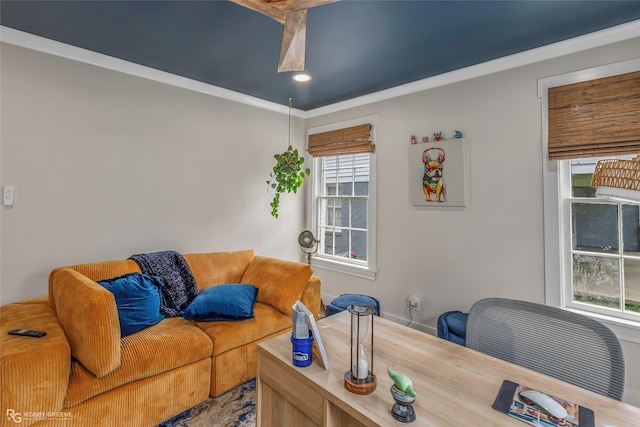 home office with recessed lighting, crown molding, and baseboards