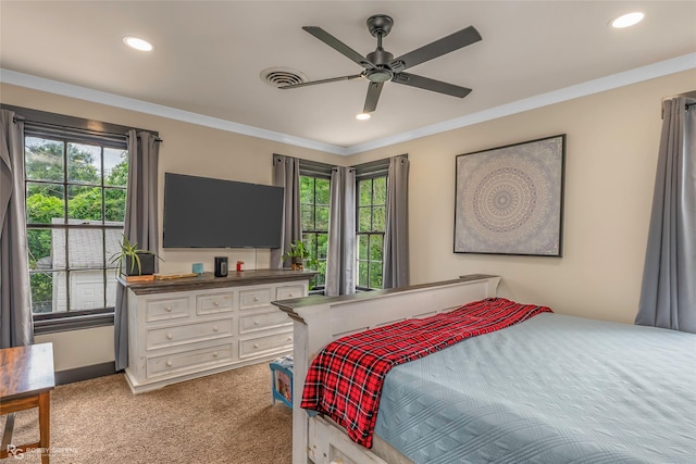 bedroom featuring light colored carpet, crown molding, recessed lighting, and ceiling fan
