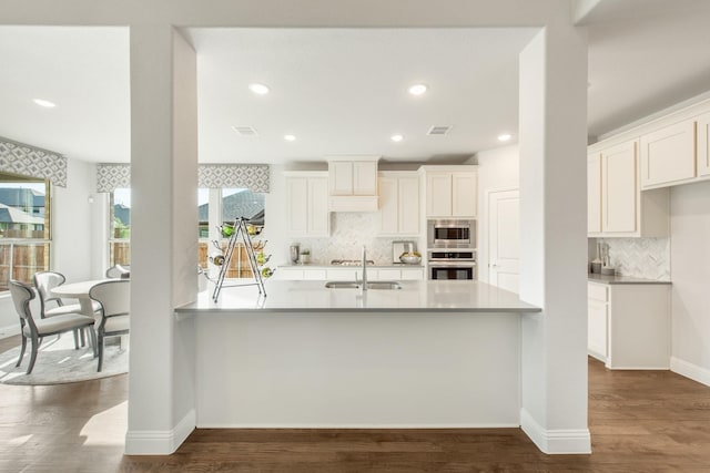 1009 Canuela Way, Justin, TX 76247 - kitchen featuring a sink, visible vents, stainless steel appliances, dark wood-style floors, and backsplash