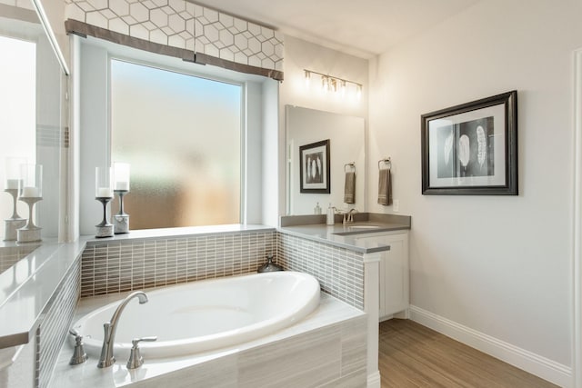 1009 Canuela Way, Justin, TX 76247 - bathroom featuring wood finished floors, vanity, a bath, and baseboards