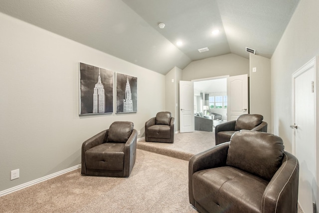 1009 Canuela Way, Justin, TX 76247 - sitting room featuring baseboards, visible vents, lofted ceiling, and carpet