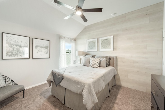 1009 Canuela Way, Justin, TX 76247 - carpeted bedroom featuring visible vents, ceiling fan, vaulted ceiling, and baseboards