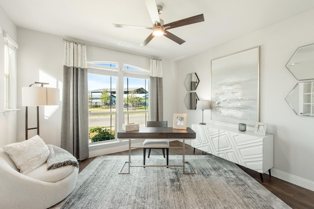 1009 Canuela Way, Justin, TX 76247 - office space featuring a ceiling fan, dark wood-style floors, and baseboards