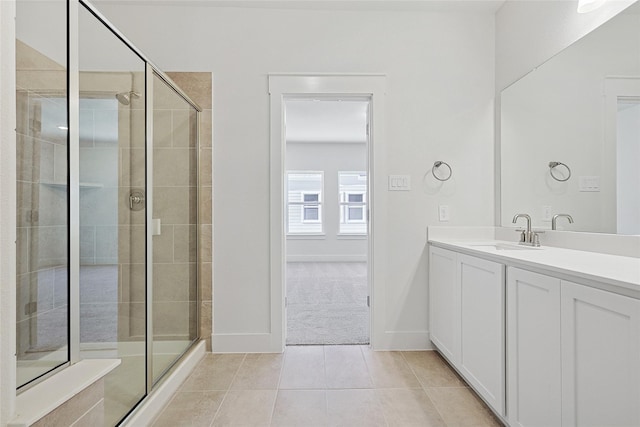 full bathroom with baseboards, a shower stall, tile patterned flooring, and vanity