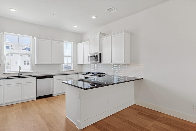 kitchen featuring tasteful backsplash, stainless steel appliances, light wood finished floors, and a sink