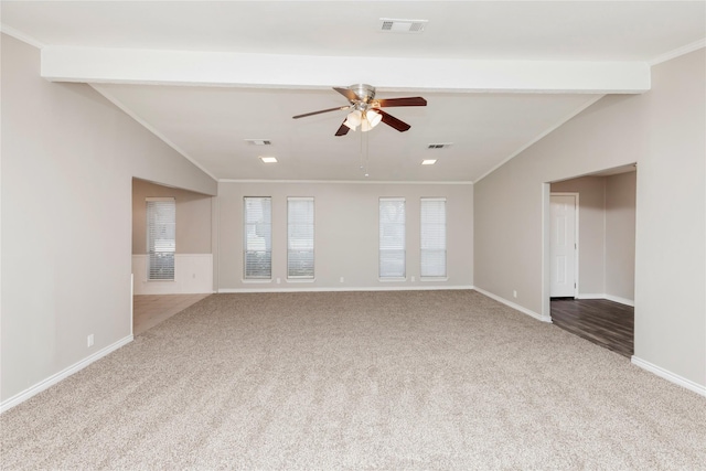 unfurnished living room with a ceiling fan, visible vents, vaulted ceiling with beams, and carpet floors