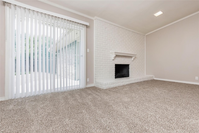 unfurnished living room with ornamental molding, a healthy amount of sunlight, and carpet floors