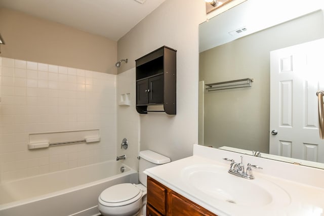 full bath with visible vents, toilet, bathtub / shower combination, and vanity