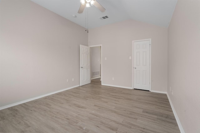 13140 Fencerow Rd, Fort Worth, TX 76244 - unfurnished bedroom with visible vents, lofted ceiling, baseboards, a ceiling fan, and light wood-style flooring