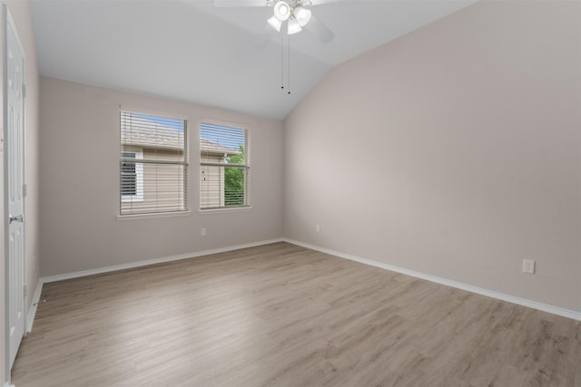 13140 Fencerow Rd, Fort Worth, TX 76244 - empty room featuring a ceiling fan, baseboards, light wood-style flooring, and lofted ceiling