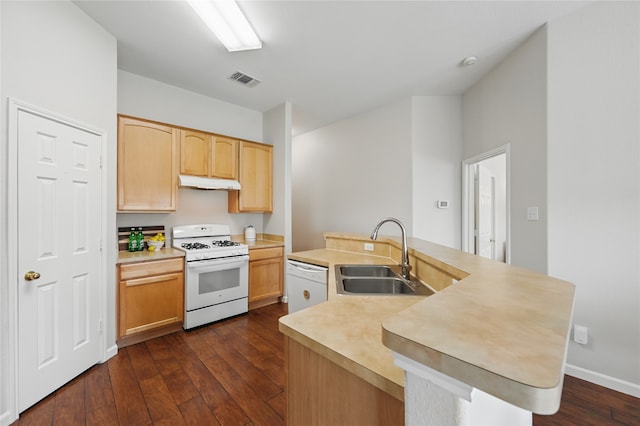 kitchen with dark wood-style flooring, a sink, light brown cabinets, white appliances, and under cabinet range hood