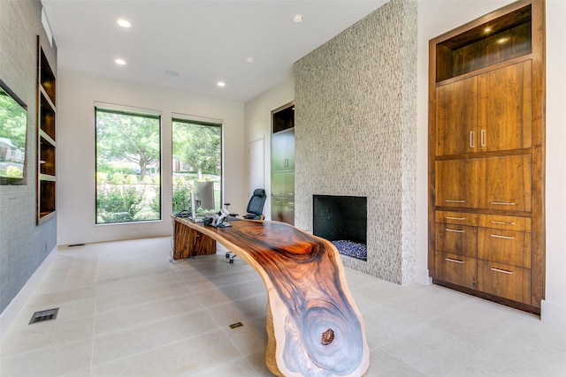 1505 Cottonwood Valley Cir N, Irving, TX 75038 - office with a large fireplace, recessed lighting, and light tile patterned flooring