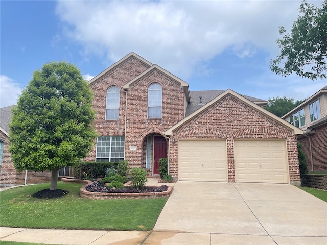 3617 Timothy Dr, Flower Mound, TX 75022 - traditional-style home featuring brick siding, a garage, driveway, roof with shingles, and a front yard
