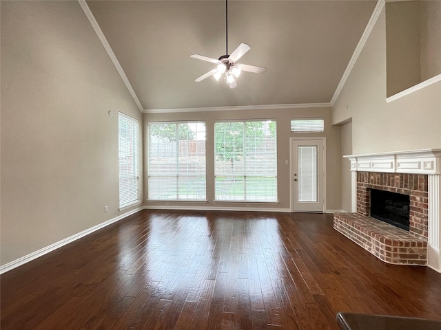3617 Timothy Dr, Flower Mound, TX 75022 - unfurnished living room featuring dark wood-style floors, ornamental molding, a ceiling fan, and a fireplace