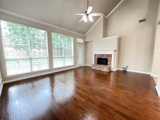 3617 Timothy Dr, Flower Mound, TX 75022 - unfurnished living room featuring visible vents, baseboards, a fireplace, wood finished floors, and a ceiling fan