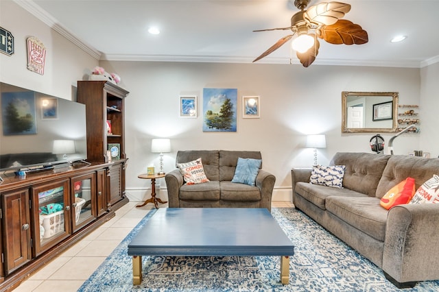 2914 Harvard St, Irving, TX 75062 - living room with ceiling fan, recessed lighting, baseboards, light tile patterned floors, and ornamental molding