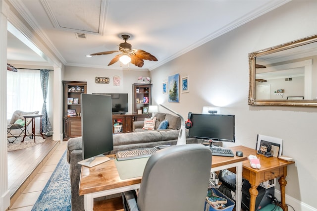2914 Harvard St, Irving, TX 75062 - office space with crown molding, baseboards, a ceiling fan, and visible vents