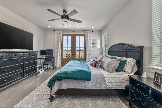 1400 Lacy Dr, Lipan, TX 76462 - bedroom featuring recessed lighting, access to outside, a ceiling fan, finished concrete flooring, and french doors