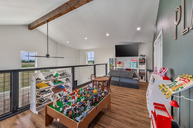 1400 Lacy Dr, Lipan, TX 76462 - recreation room featuring recessed lighting, wood finished floors, a ceiling fan, and lofted ceiling with beams