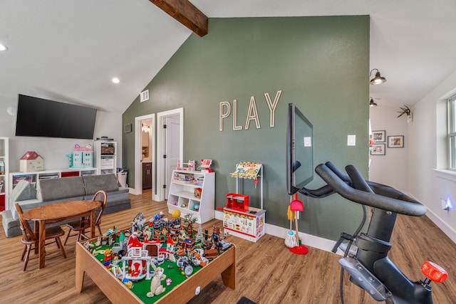 1400 Lacy Dr, Lipan, TX 76462 - playroom with recessed lighting, beam ceiling, high vaulted ceiling, light wood-style flooring, and baseboards