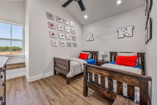 1400 Lacy Dr, Lipan, TX 76462 - bedroom featuring recessed lighting, wood finished floors, a ceiling fan, baseboards, and lofted ceiling