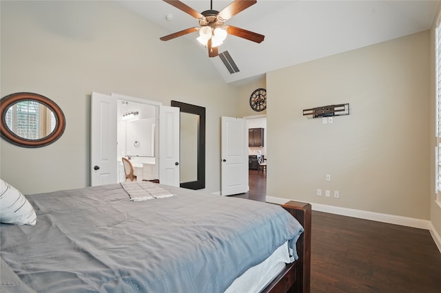641 Mangrove Trl, Saginaw, TX 76131 - bedroom featuring multiple windows, a ceiling fan, high vaulted ceiling, baseboards, and dark wood-type flooring