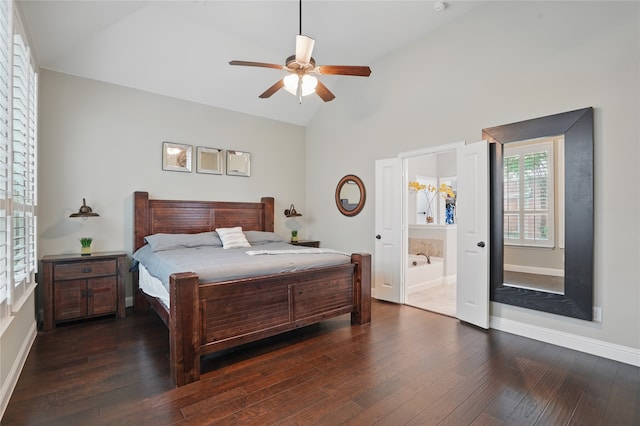 641 Mangrove Trl, Saginaw, TX 76131 - bedroom with high vaulted ceiling, baseboards, dark wood finished floors, and connected bathroom