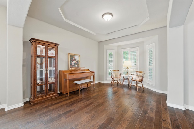 living area with baseboards, a tray ceiling, and dark wood-style floors