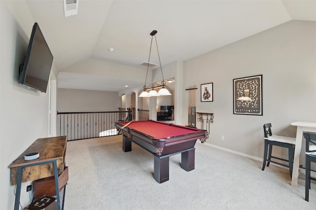 game room with carpet floors, arched walkways, visible vents, and lofted ceiling