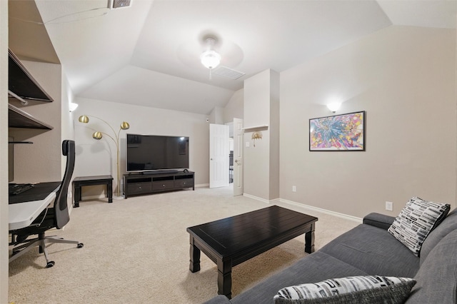 3401 Wentworth Way, Highland Village, TX 75077 - living room featuring vaulted ceiling, carpet flooring, and a desk