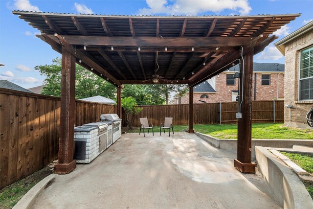 3401 Wentworth Way, Highland Village, TX 75077 - fenced backyard featuring a patio area, area for grilling, a pergola, and entry steps