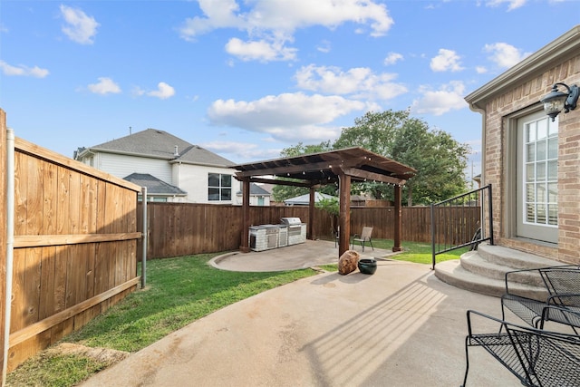 view of patio featuring area for grilling, a pergola, a fenced backyard, and entry steps