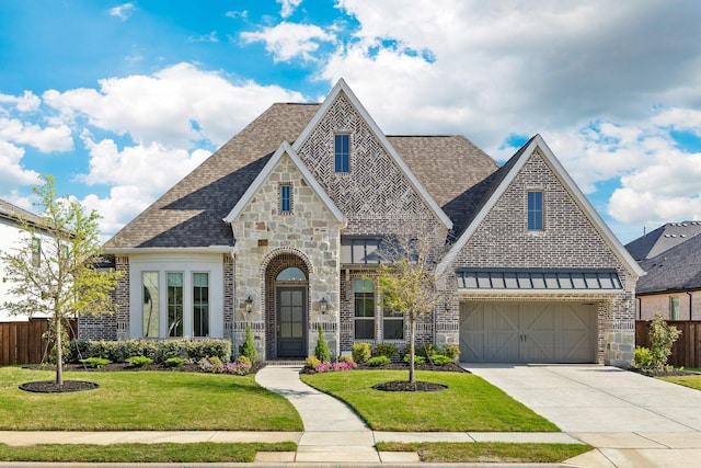 view of front of house with fence, a shingled roof, driveway, stone siding, and a front lawn