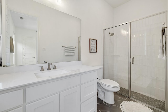 full bathroom featuring tile patterned floors, a stall shower, toilet, and vanity