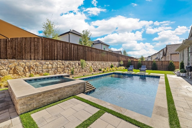 view of pool featuring a patio, an in ground hot tub, a fenced in pool, a residential view, and a fenced backyard