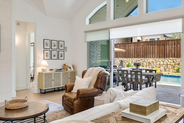 living area featuring high vaulted ceiling and wood finished floors