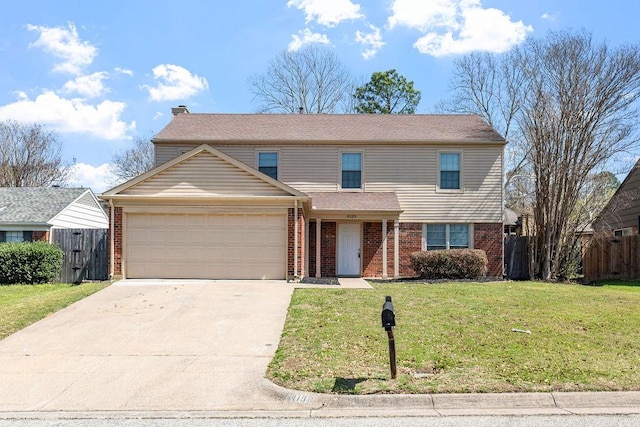 4109 Orchard Hill Dr, Arlington, TX 76016 - traditional home with a front lawn, brick siding, concrete driveway, an attached garage, and fence