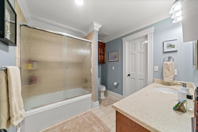 full bath featuring crown molding, shower / bath combination with glass door, toilet, tile patterned floors, and vanity