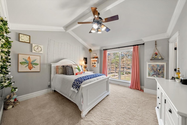 bedroom with ceiling fan, vaulted ceiling with beams, light carpet, and baseboards