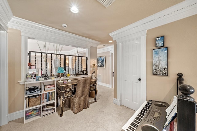office area featuring visible vents, baseboards, carpet floors, recessed lighting, and ornamental molding